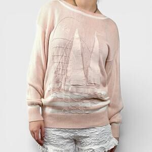Vintage 90s Blush Pink Embossed Sailboat Pullover Long Sleeve Sweater Sz Medium